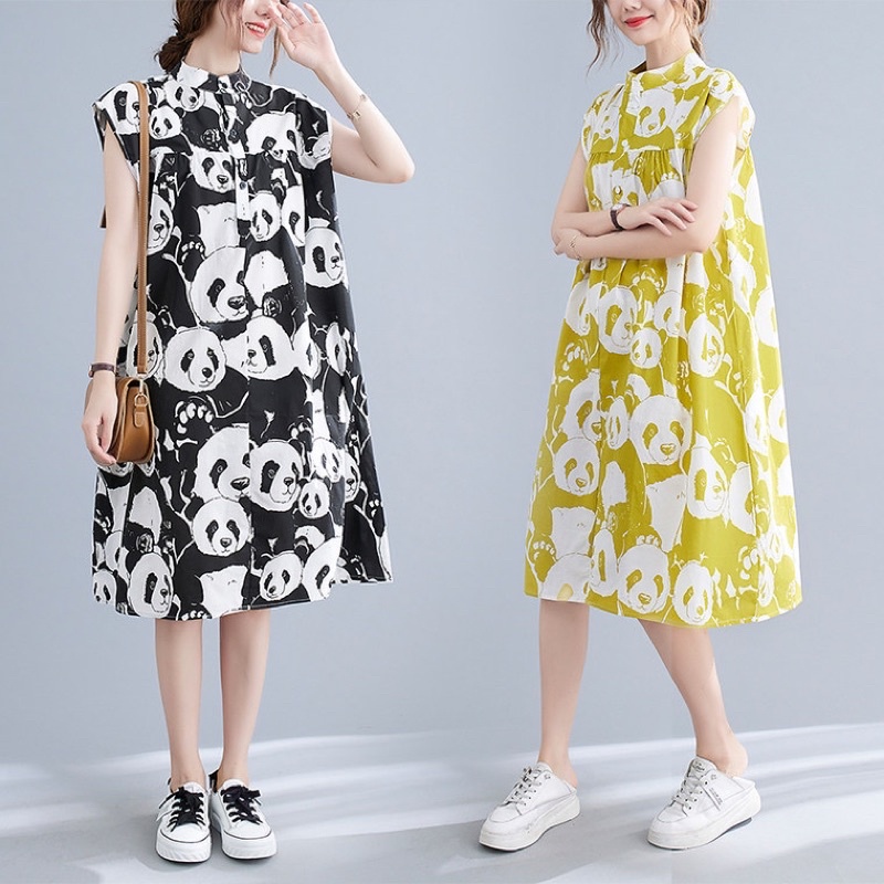 bigsize dưới 100kg Váy ba lỗ babydoll hoạ tiết gấu trúc siêu xinh, váy bầu mặc được