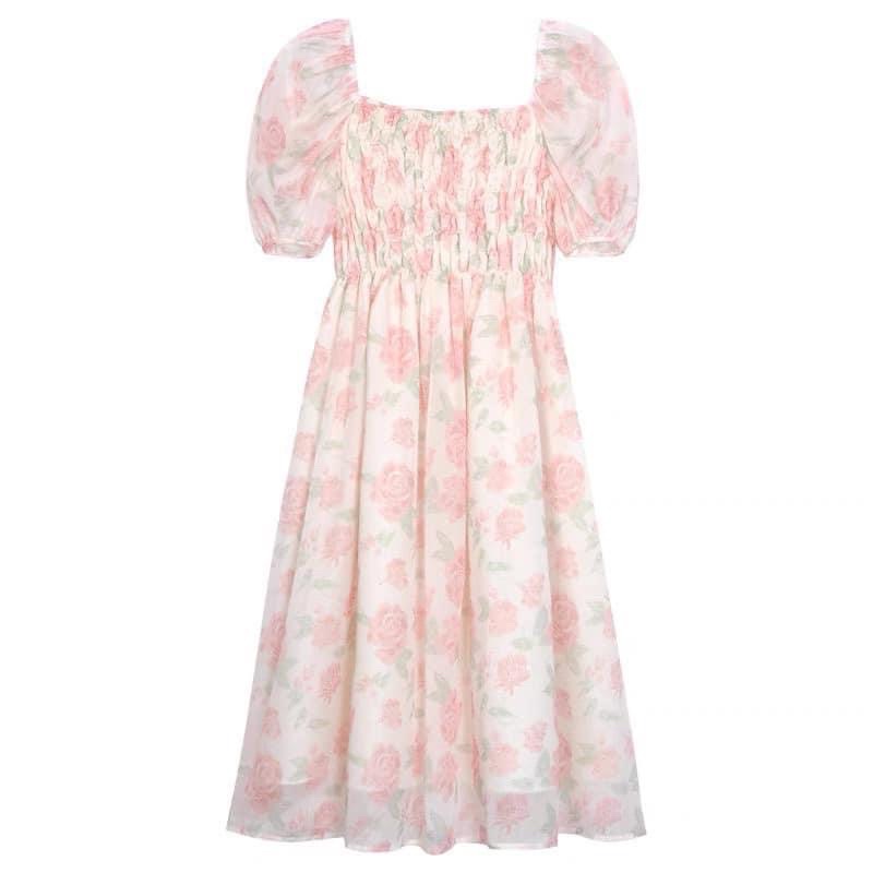 [MURIOKI] Đầm Hồng Trễ Vai In Họa Tiết Hoa Phong Cách Pháp Thời Trang Mới 2022 Cho Nữ