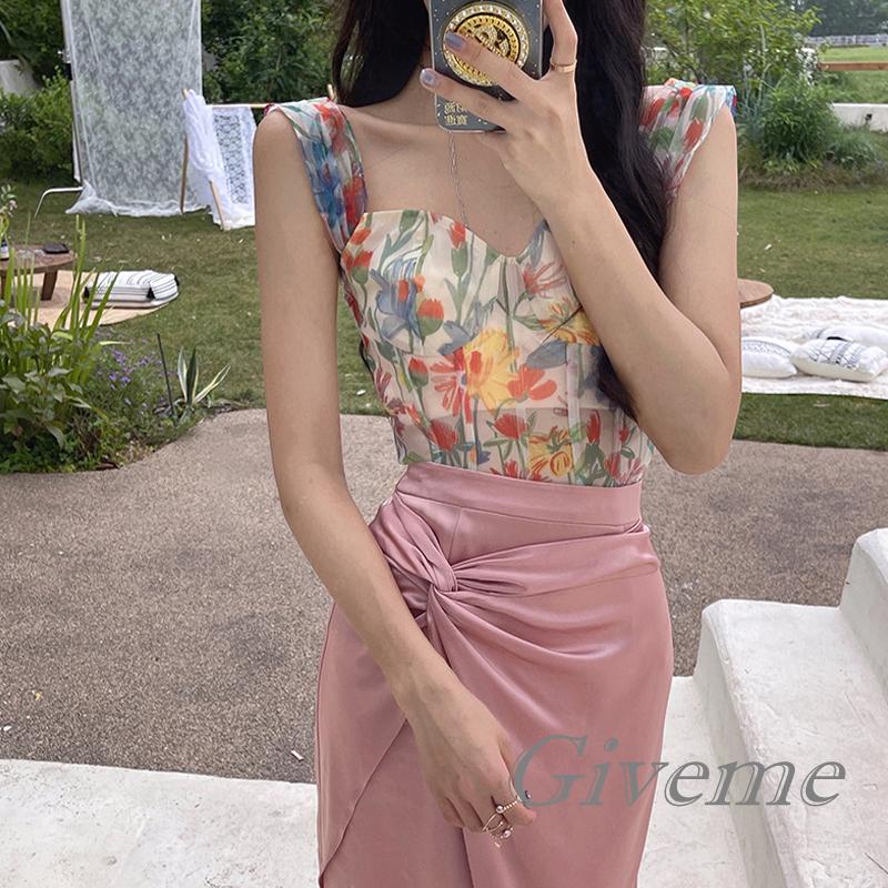 Áo Lửng Hai Dây Họa Tiết Hoa Ngọt Ngào Thời Trang Mùa Hè Cho Nữ