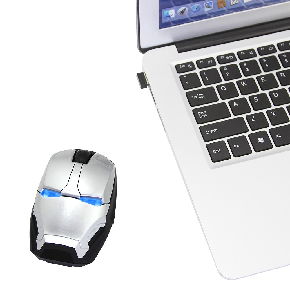 Chuột quang không dây 2.4G 2400DPI hình Iron Man có đèn cho PC laptop