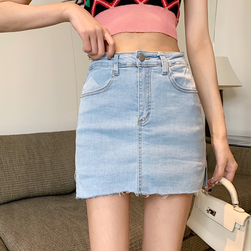 Chân Váy Denim Lưng Cao Xẻ Tà Thời Trang