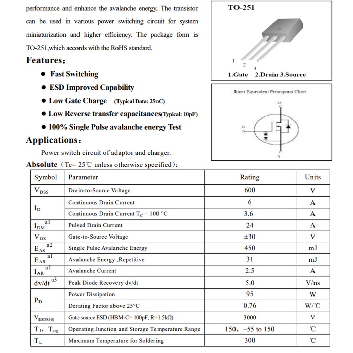 MOSFET kênh N CS6N60 CS6N60A3D 600V 6A TO-251
