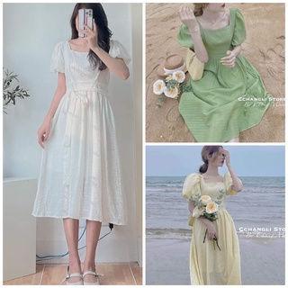 Váy đũi cổ vuông tay bồng thắt eo nhiều màu