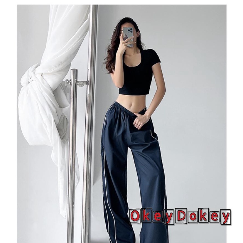 Quần Dài Dáng Suông Rộng Cột Dây Eo Thiết Kế Kẻ Sọc Bên Hông Cho Nữ