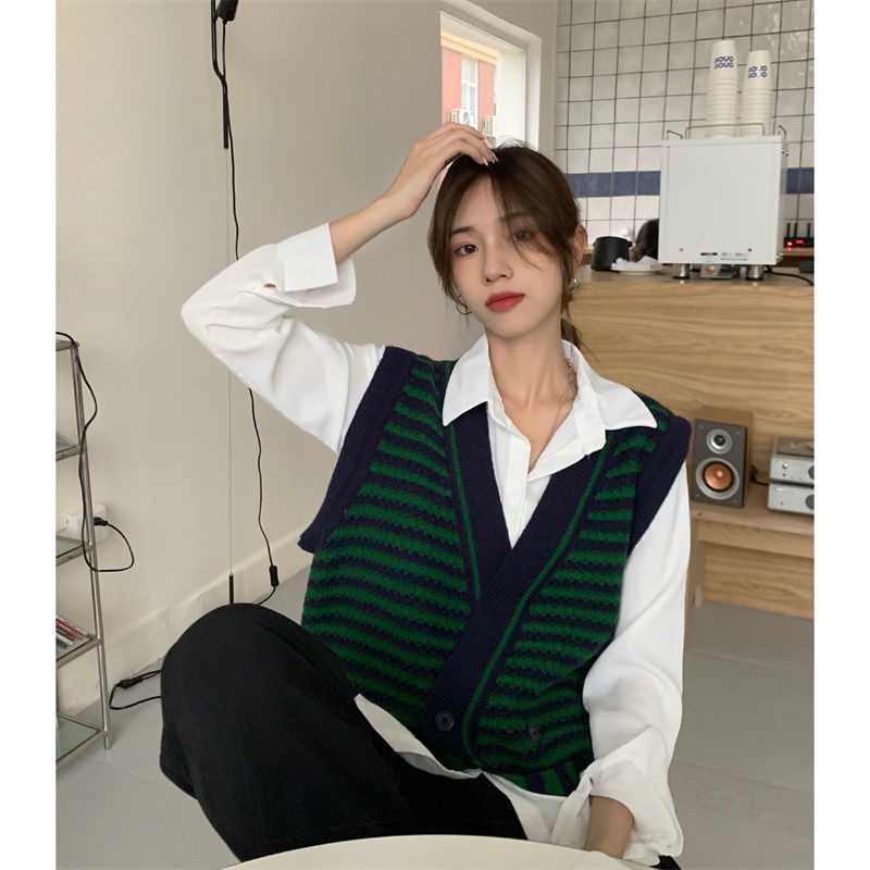 Áo Cardigan Dệt Kim Kẻ Sọc Dáng Rộng Dài Tay Phong Cách Hàn Quốc 2022
