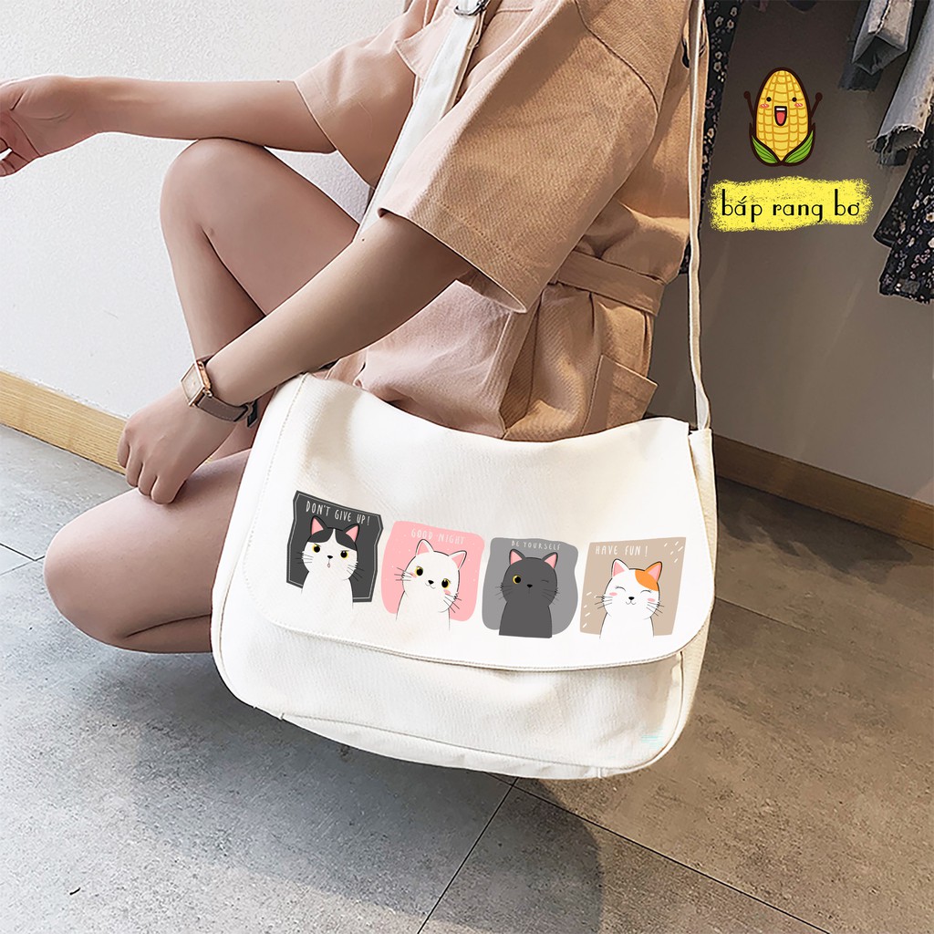 TÚI VẢI ĐEO CHÉO MÈO CUTE CÓ TÚI CON ĐỂ SÁCH A4 TOTE CANVAS ĐI HỌC ĐI CHƠI