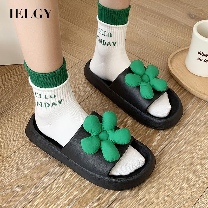 IELGY Dép mang trong nhà  size lớn đế bằng thời trang nữ màu trơn đính hoa mũi bo tròn