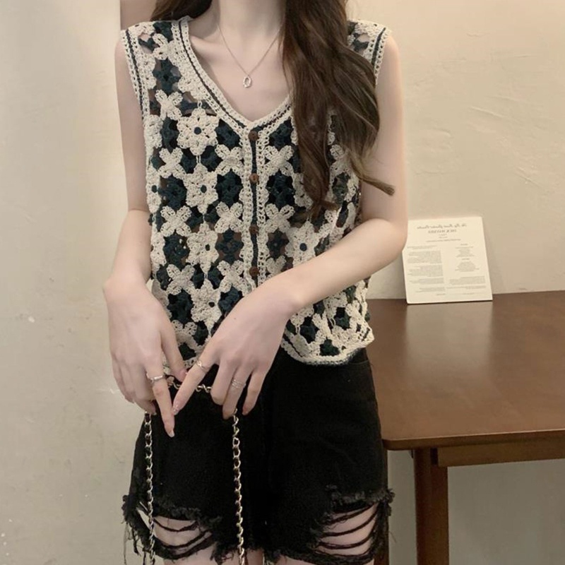Áo Cardigan Lửng Không Tay Cài Nút Họa Tiết Hoa Cho Nữ