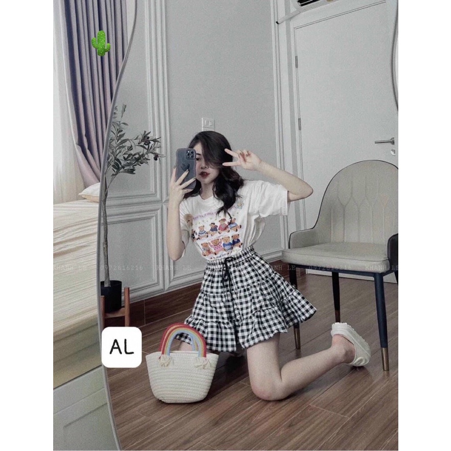 Set áo thun nữ form rộng thêu hình gấu kèm chân váy chữ A ngắn