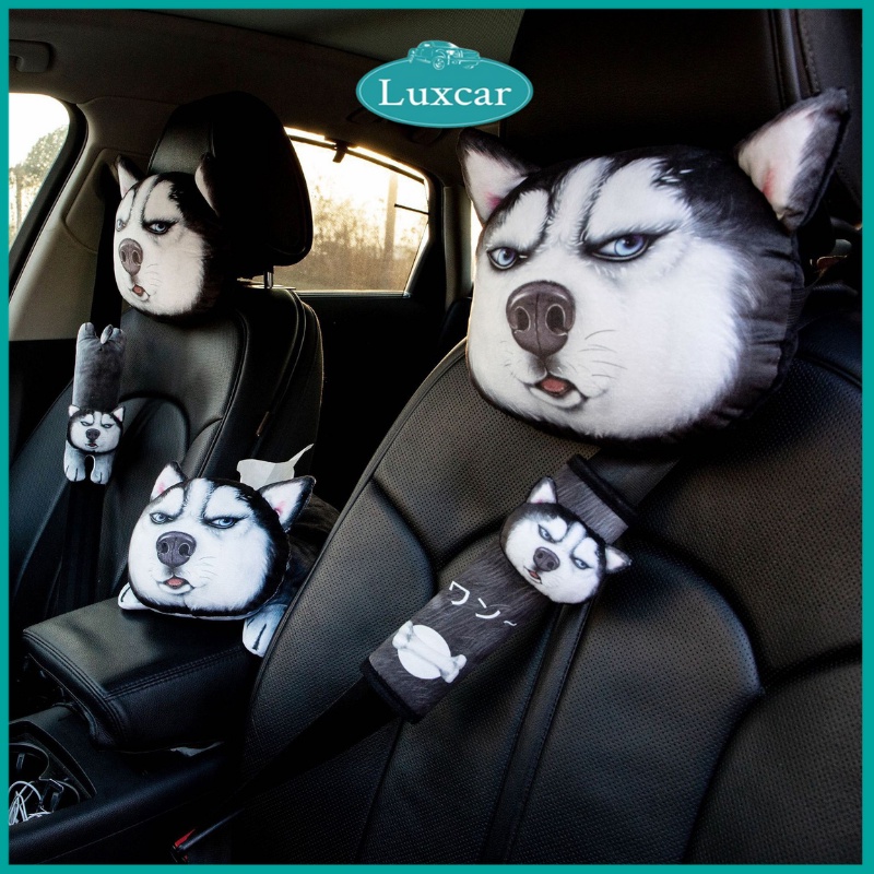 Bộ Gối Đệm Vai Luxcar Thú Cưng 3D Cho Xe Hơi - Bộ Gối Đệm Đầu Vai Gáy Hình Chó Husky Mèo Mắt To Siêu Dễ Thương Cho Ô Tô