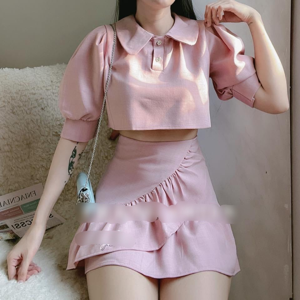 SET VÁY HỒNG TIỂU THƯ ÁO CROPTOP CỔ SEN + CHÂN VÁY