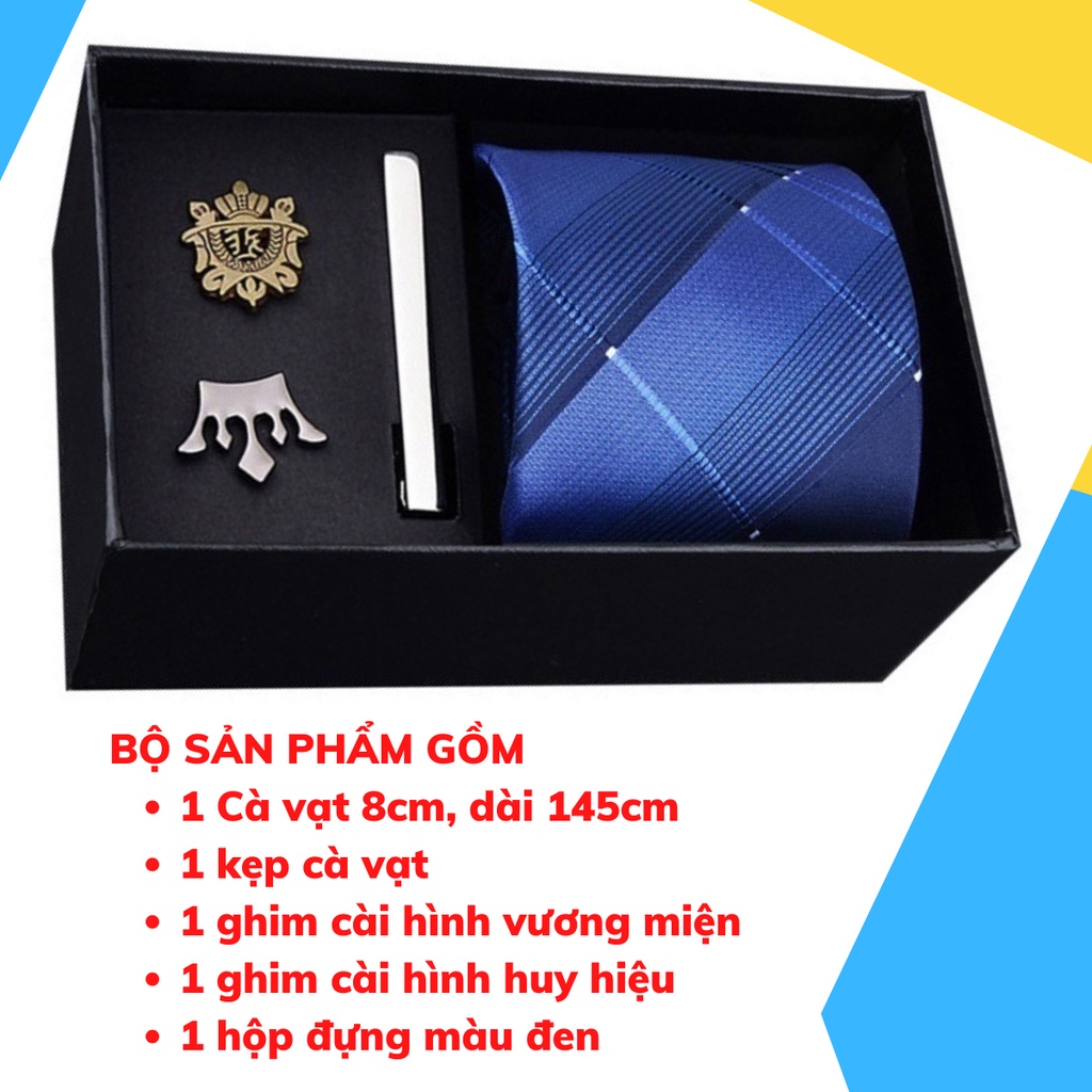 Set cà vạt bản to 8cm làm quà tặng cho Nam gồm cà vạt, kẹp cà vạt, ghim cài áo đóng hộp lịch sự CCV-09