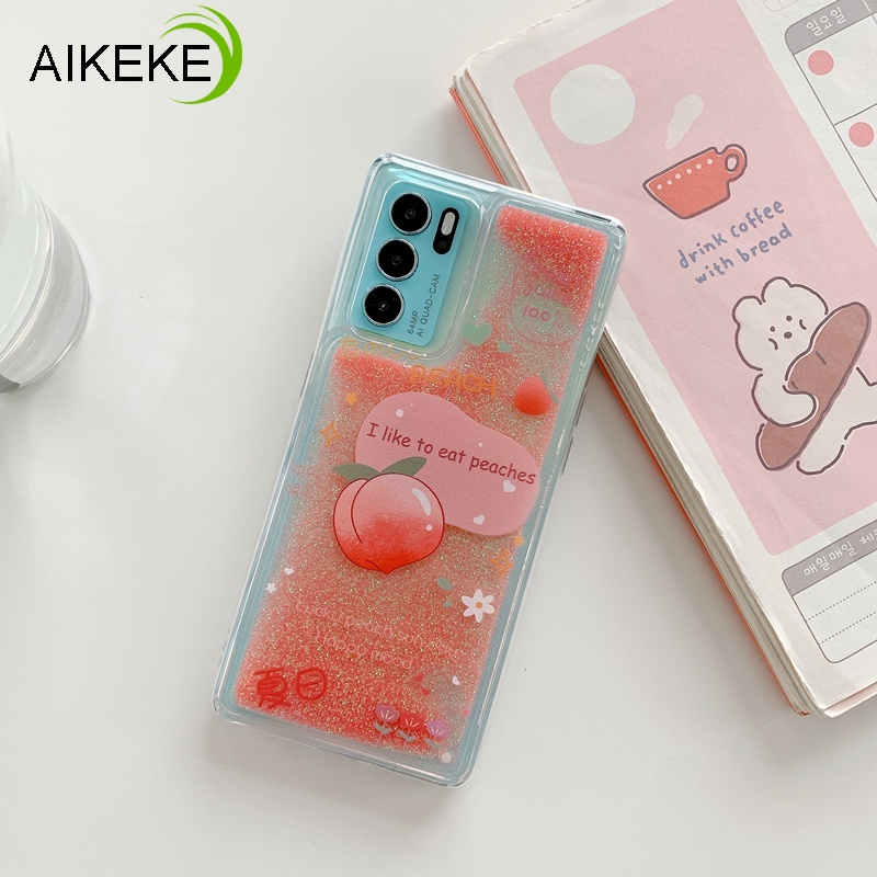 Ốp điện thoại kim tuyến nước họa tiết quả đào/chanh cho OPPO Reno 6 5 4 3 Pro SE 5G R17 R15X K1 R11 R11S R15 F11 Pro