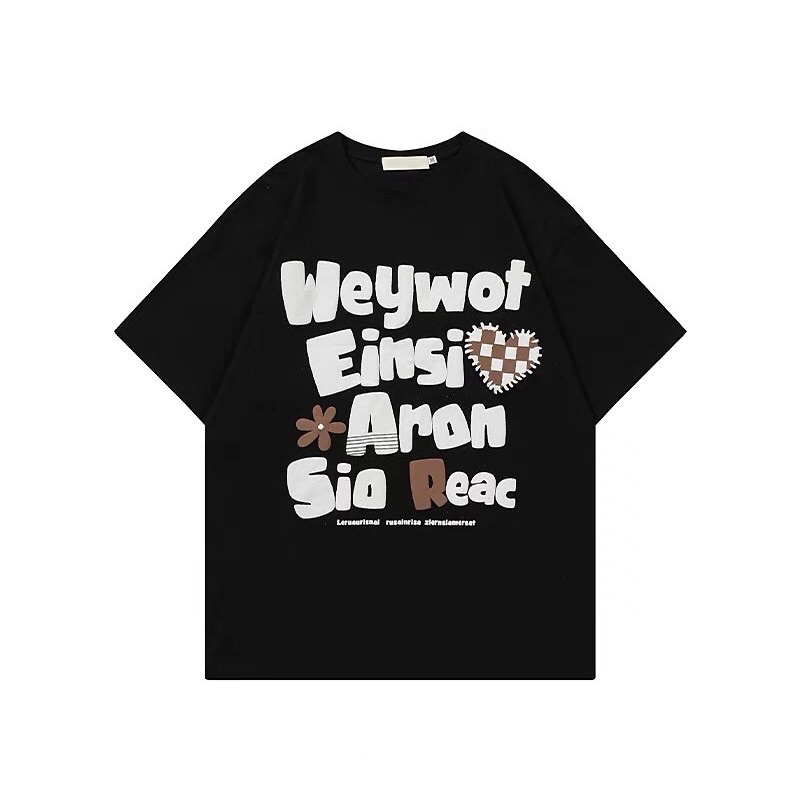 Áo Thun Tay Lỡ Unisex ARON chữ in nổi màu ĐEN/KEM 🖤 /Nam nữ unisex/ Áo phông cổ tròn form rộng style Ulzzang 🖤