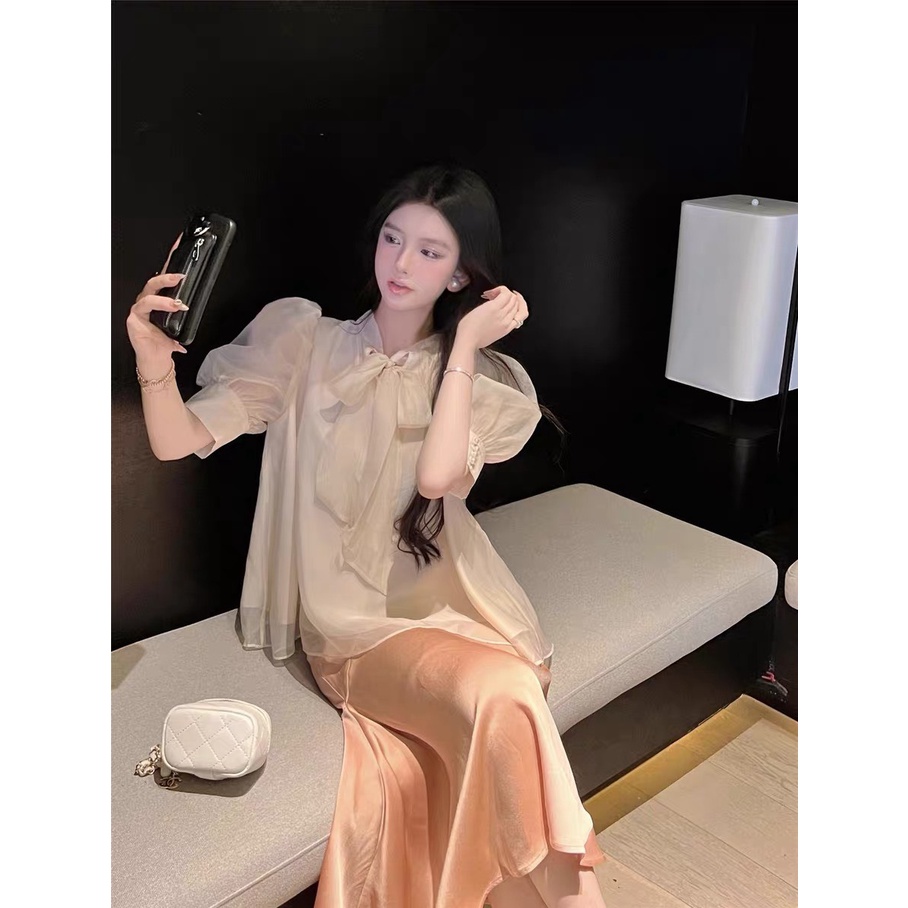 Aó tơ cổ nơ tay phồng 2 lớp kèm ảnh thật Lanushop