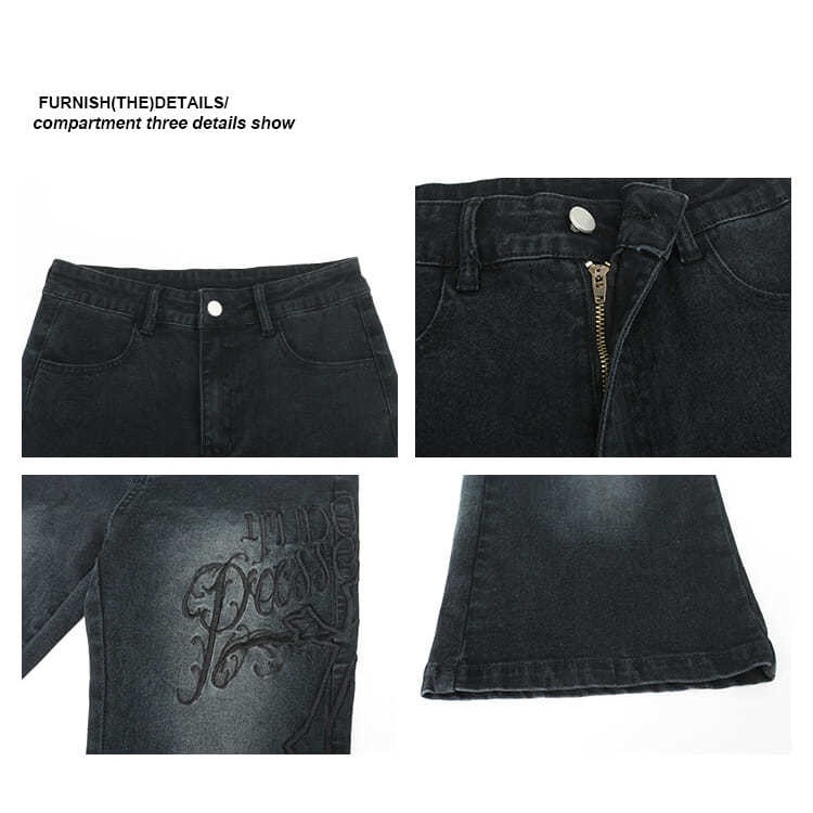 Quần Jeans Lưng Cao Ống Loe Thêu Họa Tiết Phong Cách Mỹ Thời Trang Xuân Thu Mới Cho Nữ