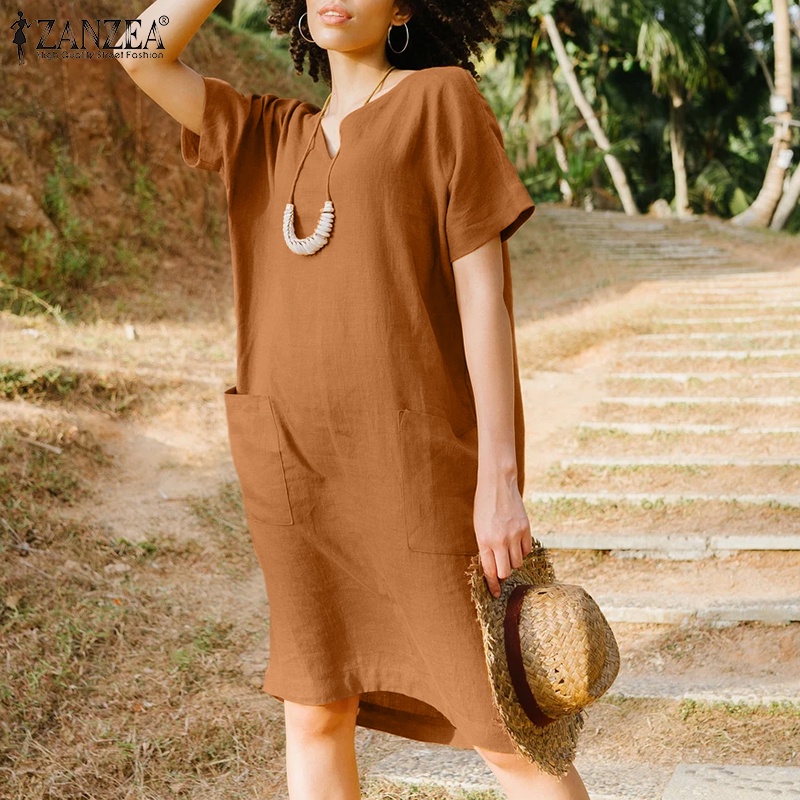 Đầm midi ZANZEA tay ngắn cổ chữ V phong cách châu Âu thời trang cho nữ