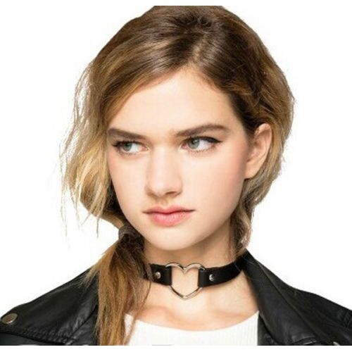 Punk Style Design Lock Chain Heart Necklace PU Leather