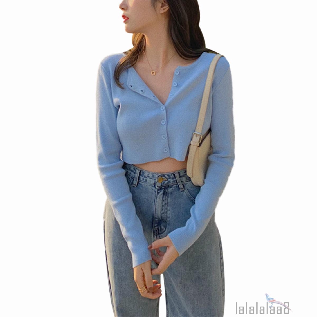 Áo crop top dệt kim tay dài thiết kế nút cài xinh xắn trẻ trung | BigBuy360 - bigbuy360.vn