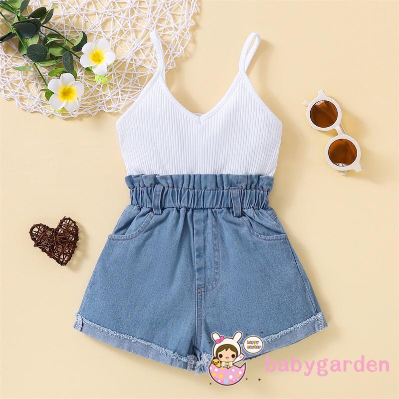 Bộ Áo Liền Quần Denim Cổ Chữ V Không Tay Thời Trang Mùa Hè Cho Bé Gái 1-6 Tuổi