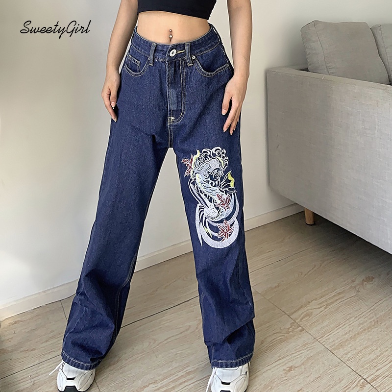 Quần Jeans Nữ Lưng Cao Thêu Hình Rồng Thời Trang