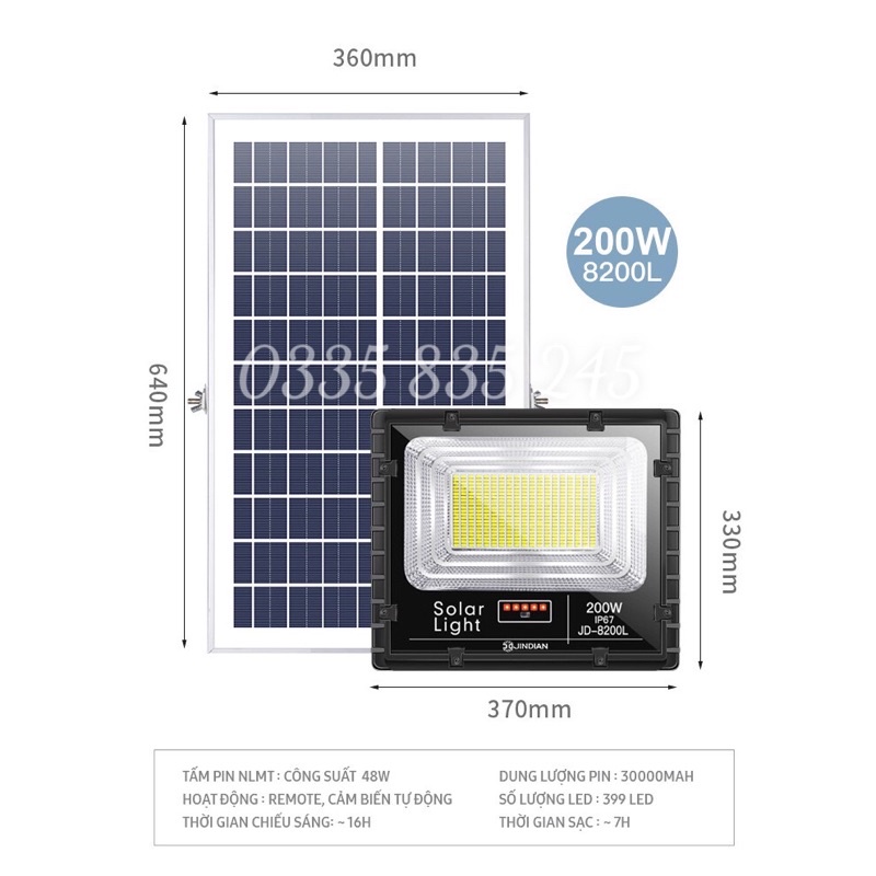 Đèn Năng Lượng Mặt Trời Chính Hãng JinDian Công Suất 25W- 300w Mẫu Mới, Khung Nhôm Nguyên Khối