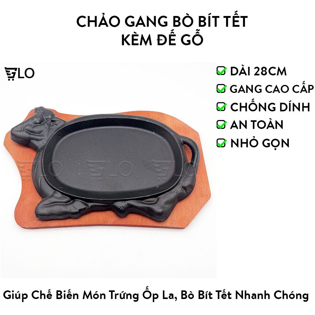 Chảo Gang Bò Bít Tết 28cm Kèm Đế Gỗ