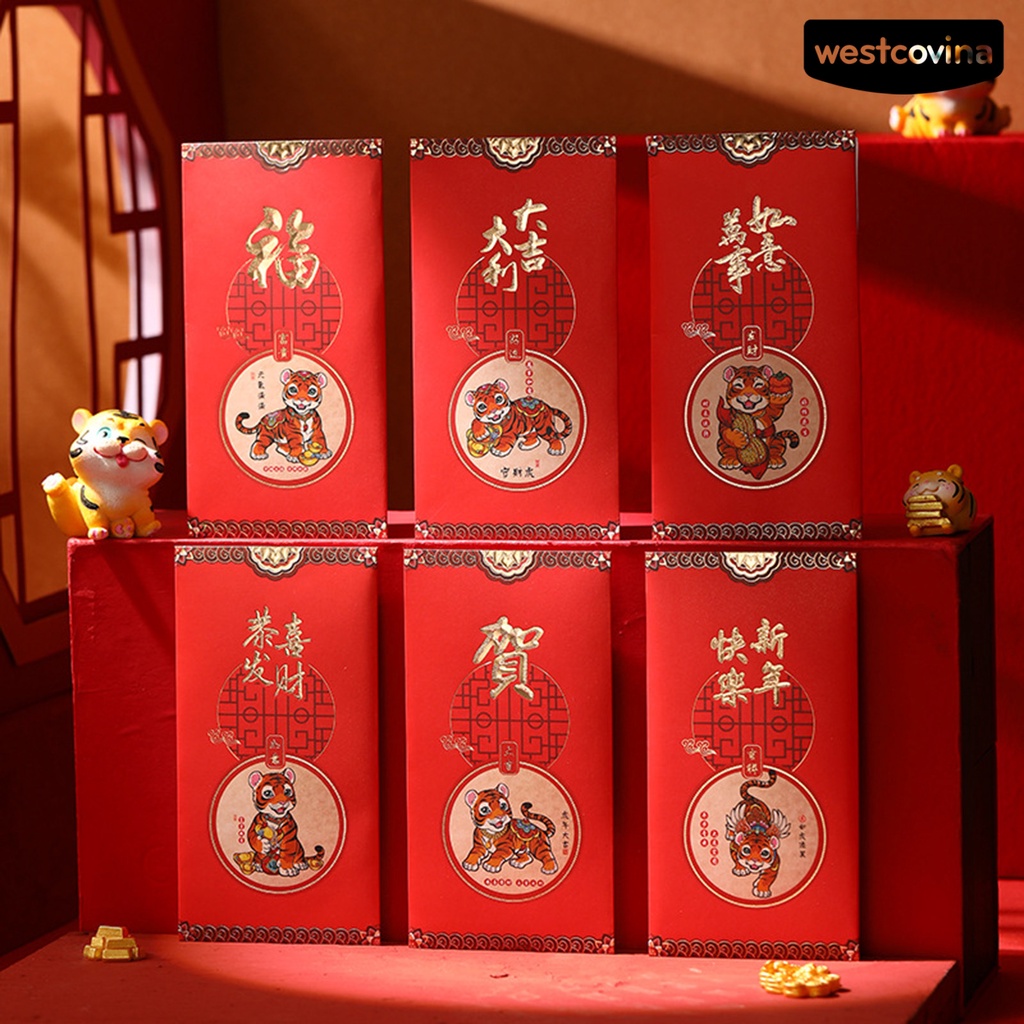 Bộ 6 bao lì xì họa tiết hổ hoạt hình 2022