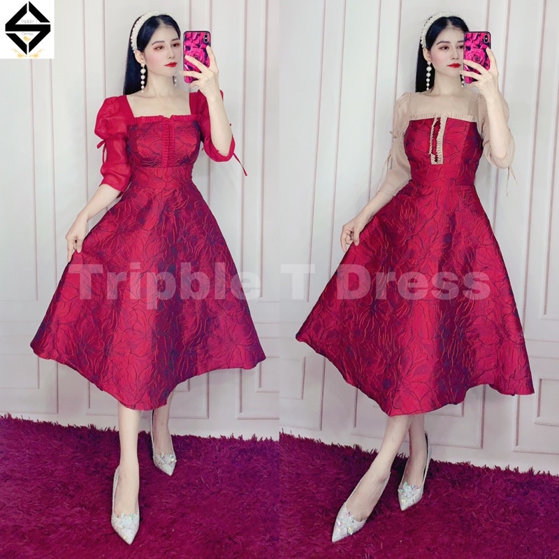 Đầm xoè dự tiệc gấm TRIPBLE T DRESS -size M/L(kèm ảnh thật/video thật)MS273V