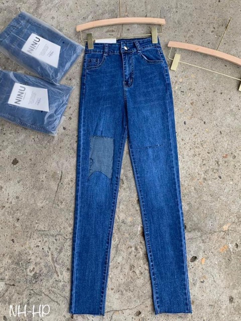 Quần jeans cạp cao xanh rách gối