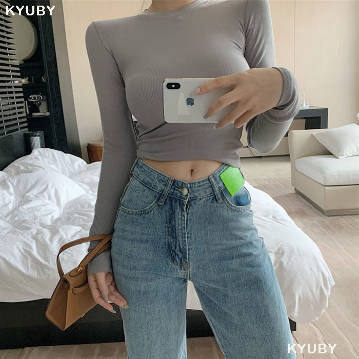 Áo croptop dài tay cổ tròn KYUBY Áo thun nữ tay dài dáng croptop