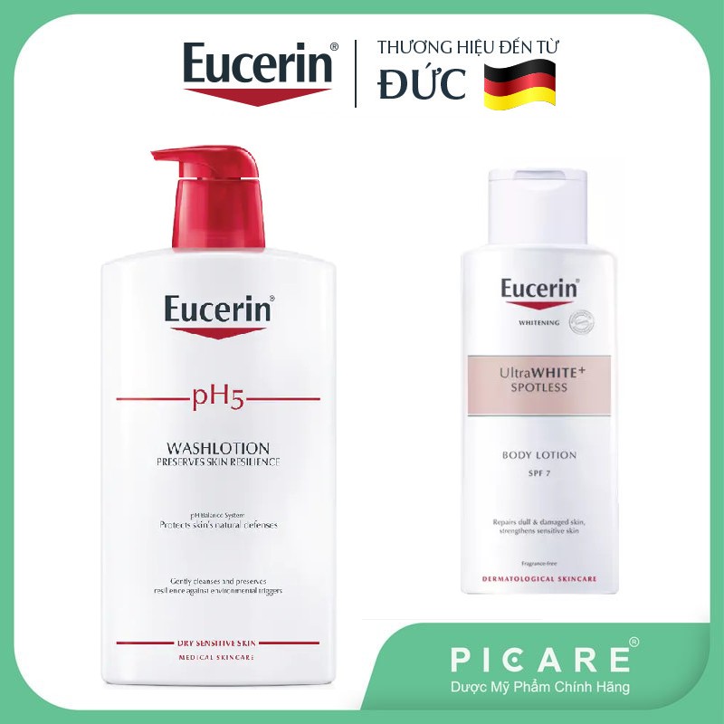 Combo Eucerin Sữa Tắm Dịu Nhẹ Washlotion pH5 1000ml &Sữa Dưỡng Thể Trắng Da UltraWhite+ Spotless SPF7 Body Lotion  250ml