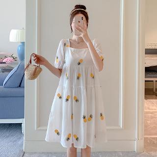 Đầm Cotton dáng dài thêu hình quả dứa xinh xắn cho mẹ bầu