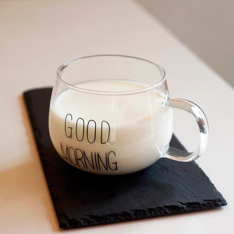 Cốc ăn sáng ngũ cốc thủy tinh chịu nhiệt có quai cầm Good Moring - Uống sữa, ăn sáng ngũ cốc, uống trà,...