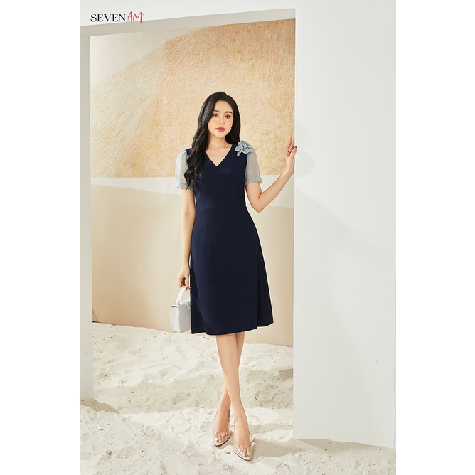 Đầm A Seven.AM Tay Cộc Màu Xanh Than Thiết Kế Cổ V Trang Trí Nơ Vắt Vai FH603034