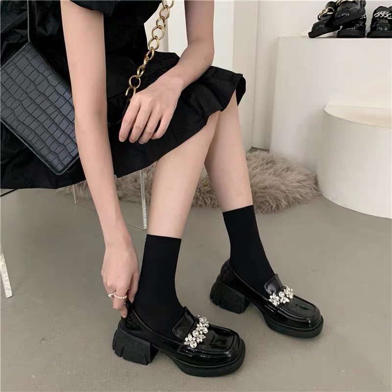 Giày Mary Jane mũi vuông đế cao 5cm Ulzzang đính đá sang chảnh