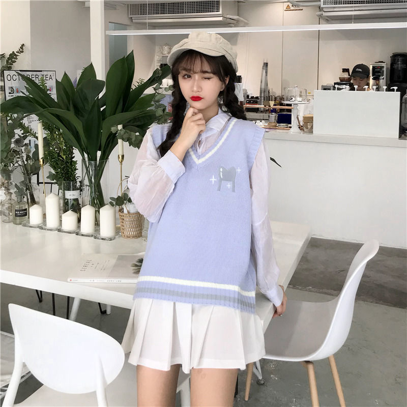 Áo Sweater Dệt Kim Không Tay Cổ Chữ V Thêu Hoạ Tiết Hoạt Hình Cho Sinh Viên | BigBuy360 - bigbuy360.vn