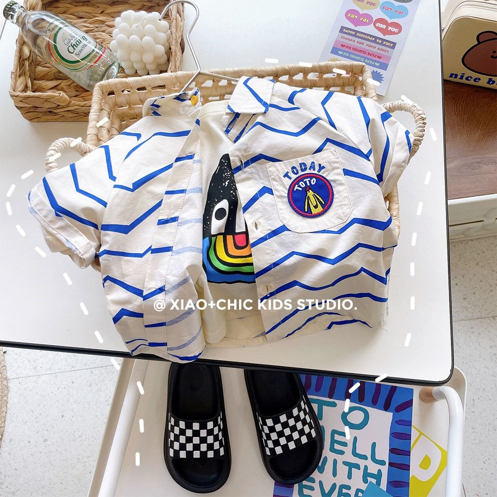 Áo Sơ Mi Ngắn Tay Họa Tiết Kẻ Sọc Phong Cách Hàn Quốc Thời Trang Mùa Hè Cho Bé Trai