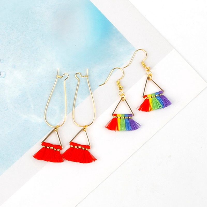 Set 2 phụ kiện hình tam giác nhỏ bằng kim loại phối tua rua cotton polyester 25mm với 17 màu dùng làm móc khóa diy