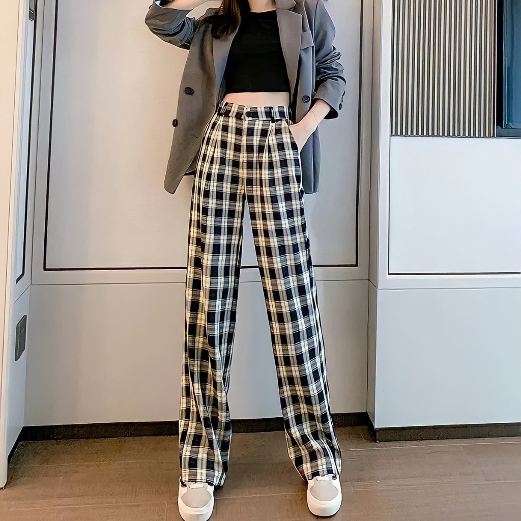 Quần Kẻ Caro Ống Rộng Liyan Cạp Cao Siêu Hot QA02 - Quần Culottes Ống Suông Thời Trang Nữ