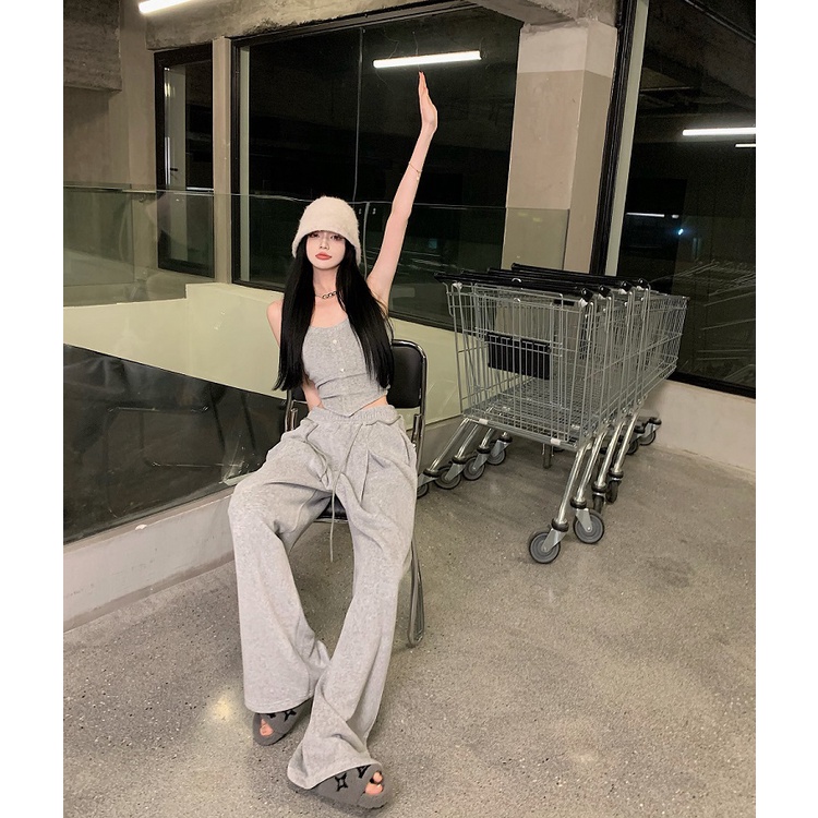 Set áo 2 dây xích croptop xám hở eo thon vai sexy thể thao+quần dài lưng thun chân ống rộng cột rút ulzzang