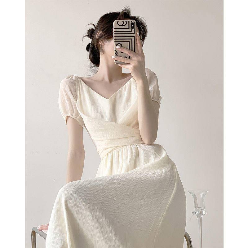 Đầm Voan Dáng Chữ A Tay Phồng Cổ Chữ V Nhấn Eo Đơn Giản Phong Cách Pháp Cổ Điển Thời Trang Cho Nữ