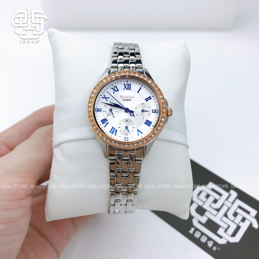 Đồng hồ nữ Casio Sheen SHE-3062 / SHE-3062SG-7A đính đá pha lê Swarovski, chống nước 50m, size 33mm, hàng chính hãng