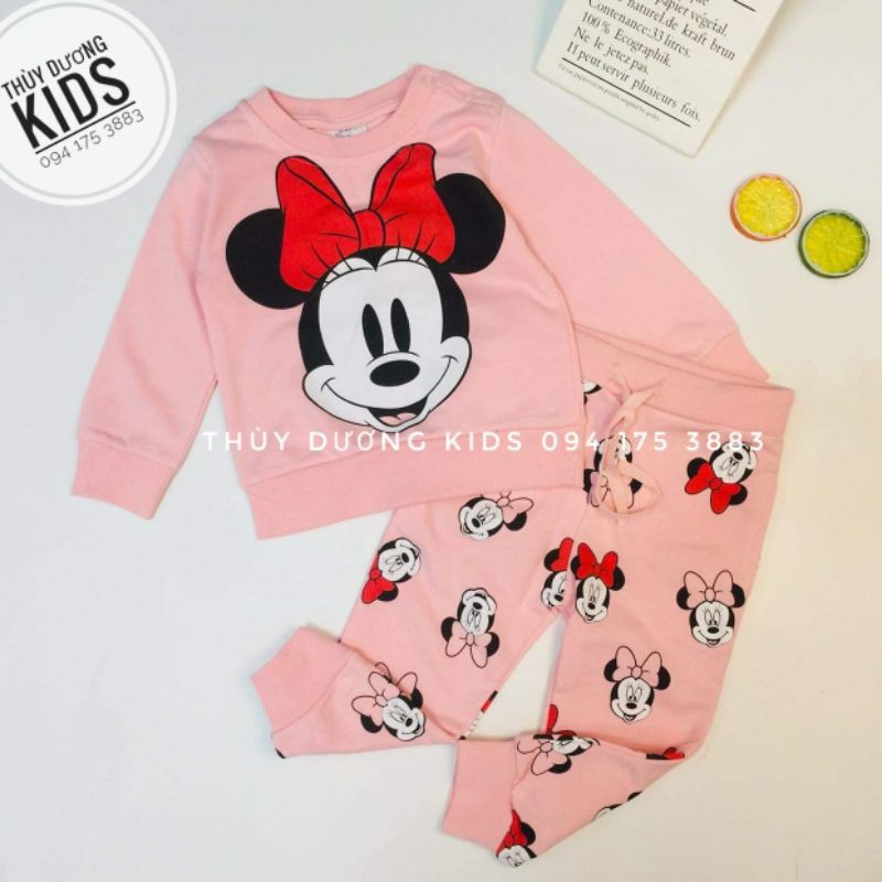 Bộ nỉ HM mặt Minnie hồng xuất dư cho bé gái 1-6y