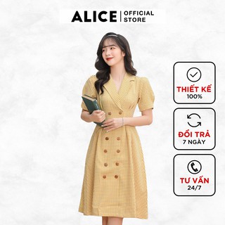 Đầm Thiết Kế Nữ Công Sở ALICE Dáng Dài Xòe Xếp Ly Tay Bồng Cổ Vest Họa Tiết Kẻ Thanh Lịch V667