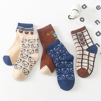 Tất mỏng, tất bốn mùa, tất thông thoáng khí, tất khử mùi cotton hình gấu bé trai 5 đôi từ 0 tuổi - 14 tuổi