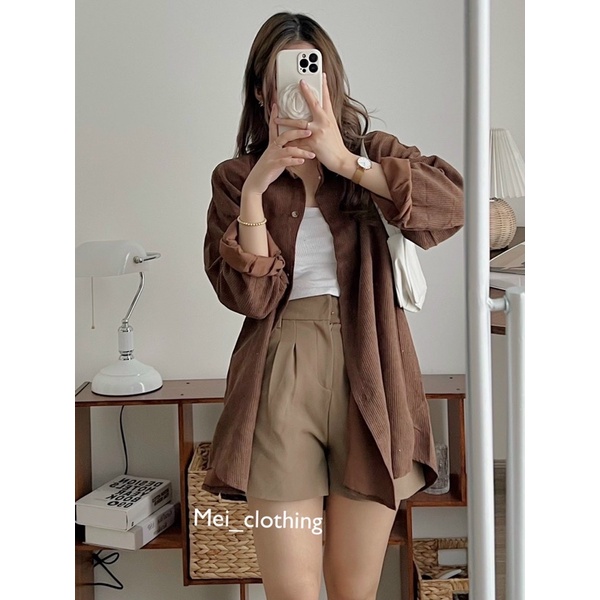 Áo Khoác Nhung dài tay tông màu Vintage, sơmi nhung tăm