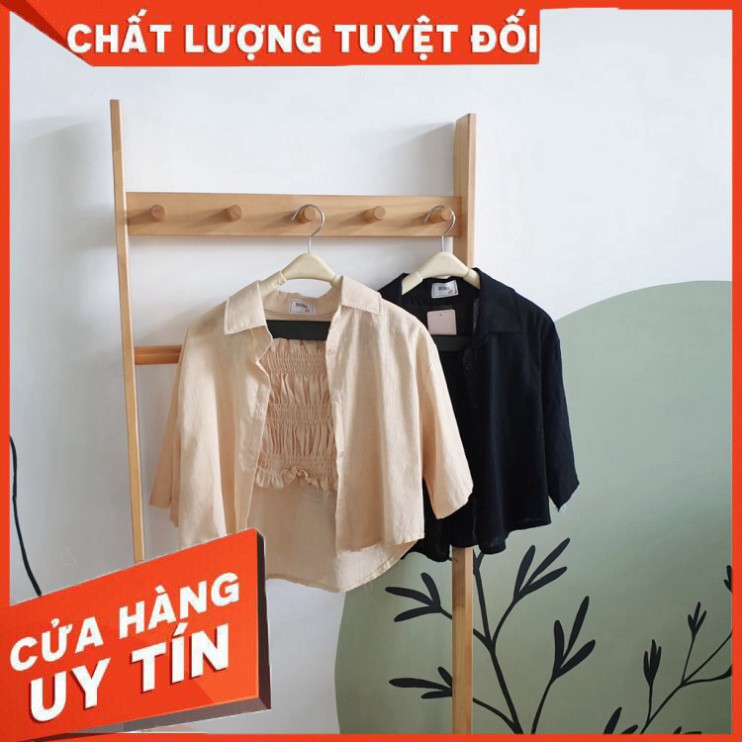 Set Gồm Áo Croptop Nhún Và Áo Sơ Mi Tay Lửng Cổ Bẻ /Hình Thật