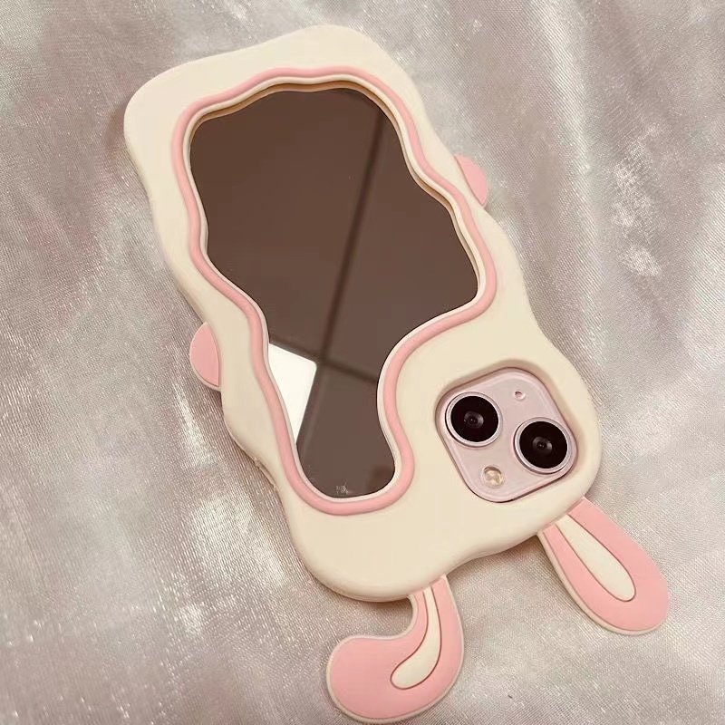 Ốp Điện Thoại Dẻo Họa Tiết Hoạt Hình Chú Thỏ Hồng Kèm Gương Chống Rơi Cho Iphone 7Plus / 8Plus Xs Max Xr 11 12 13 Pro Max