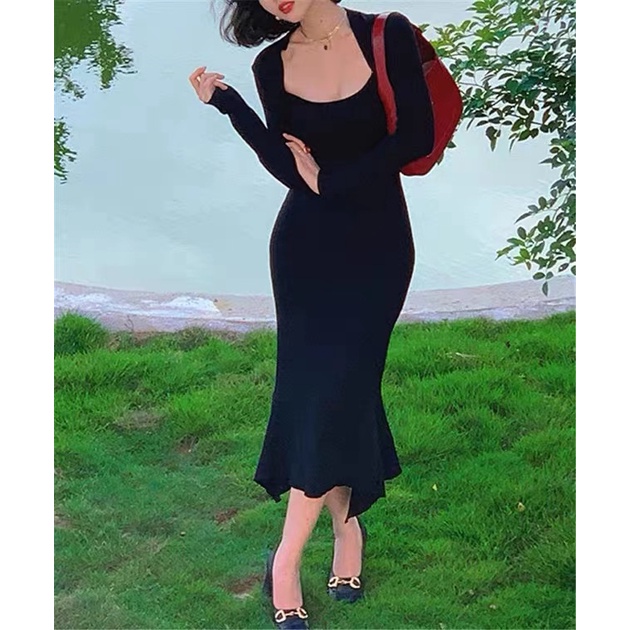 Đầm Đuôi Cá Tay Dài Cổ Vuông Eo Cao Co Giãn Phong Cách Vintage Dành Cho Nữ